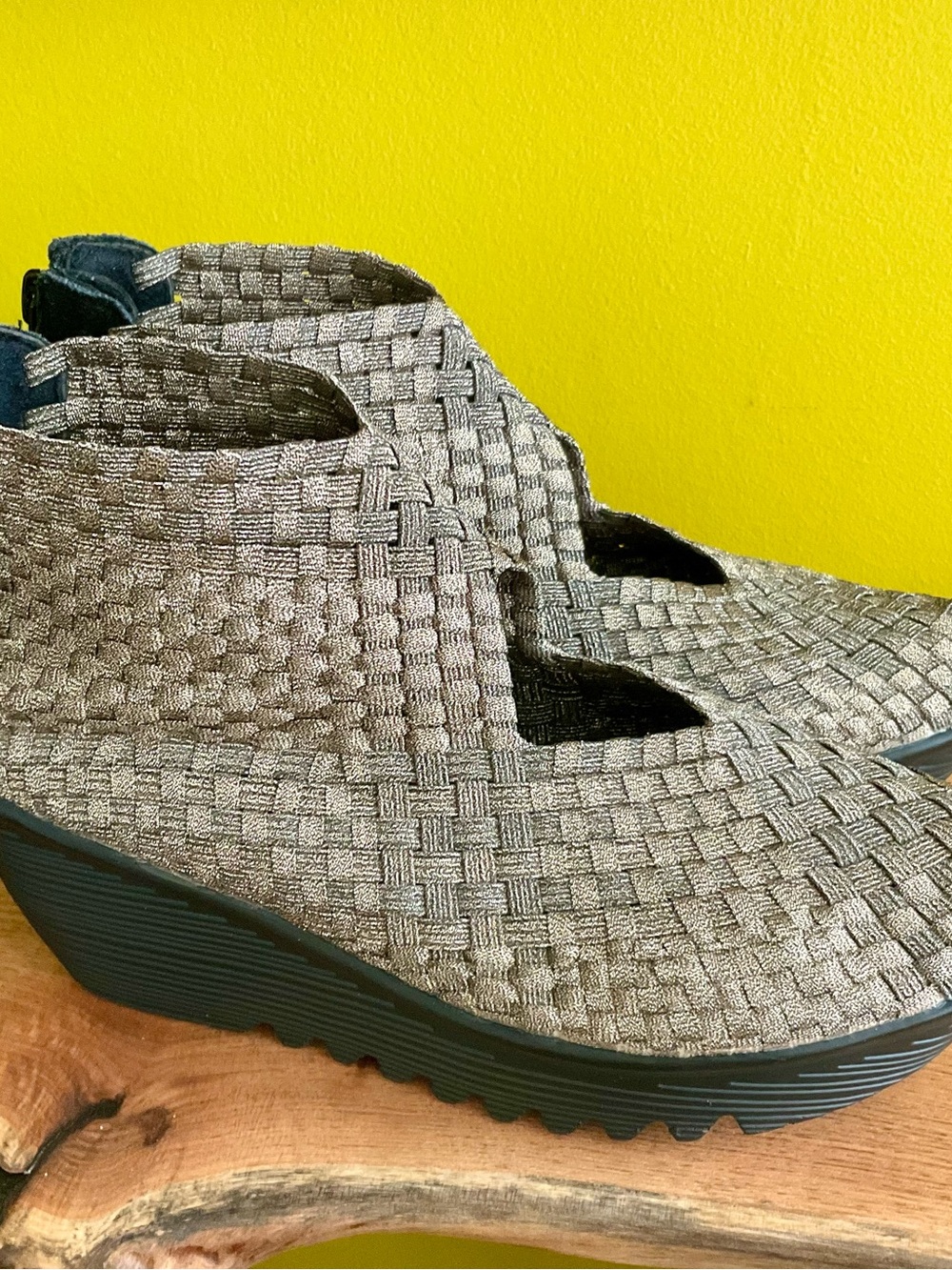 Woven Slip-On Wedge Shoes in Metallic Gray